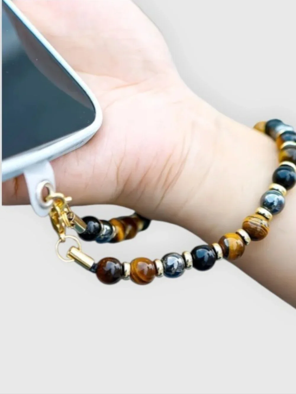 New! Real Tigers Eye & Obsidian Beaded Phone Wristlet Charm • NWOT #1085